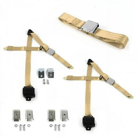 Airplane 3 Point Tan Retractable Bench Seat Belt Kit with Bracketry for Early Cars 1900-1927 - 3 Belts