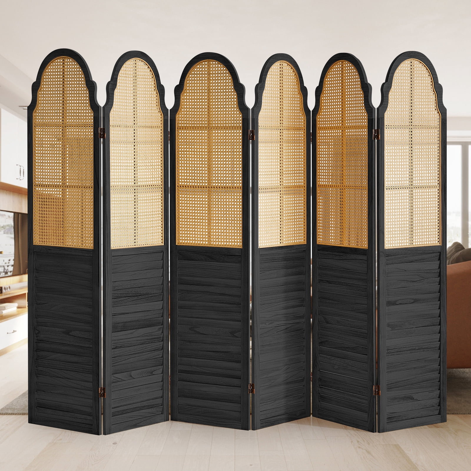 Aletheiawu 6 Panel Rattan Room Divider, Foldable Privacy Screen, No Installation Required, Black