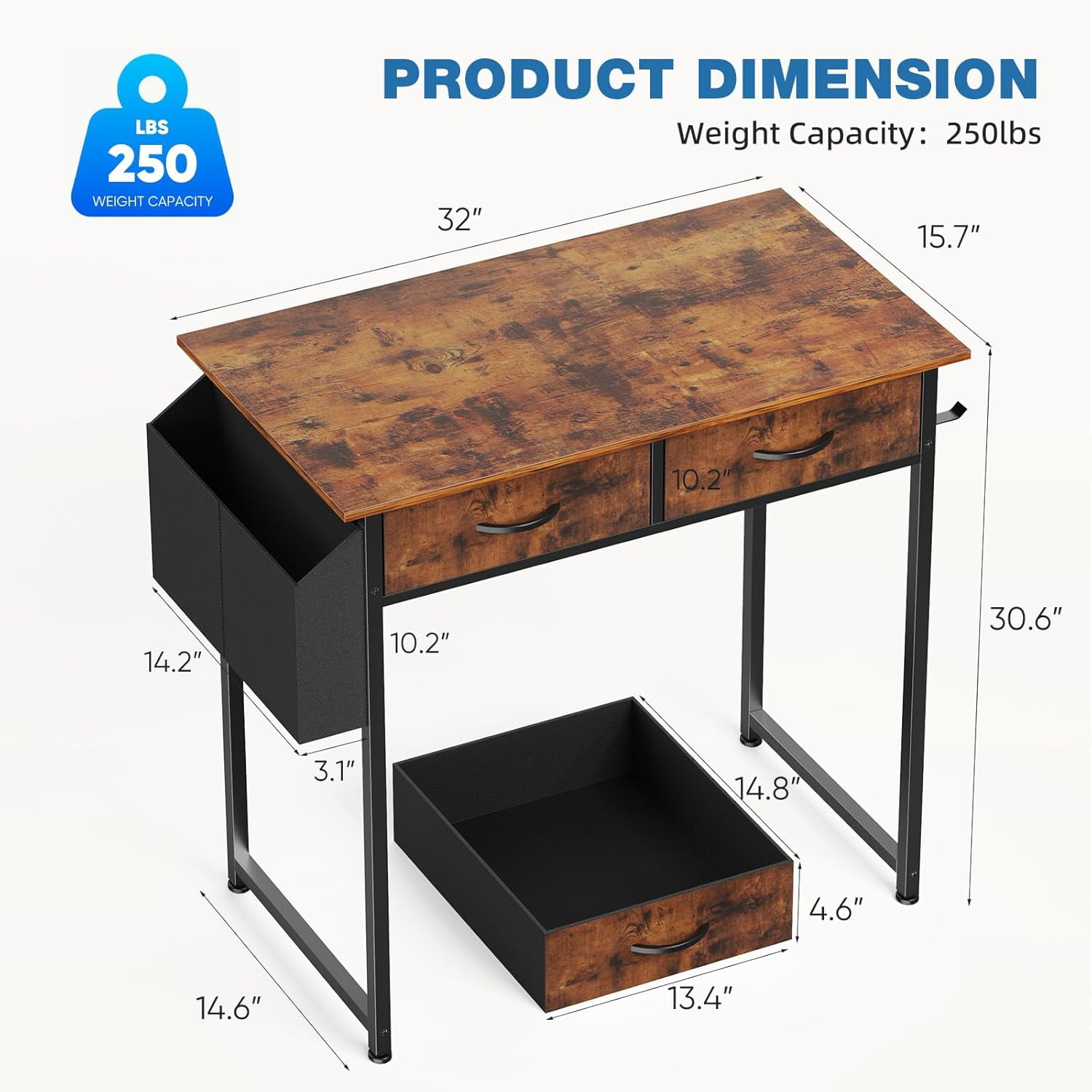 32 inch Small Desk with Drawers, Modern Study Writing Table Computer Desks with Storage Bag & Hook for Bedroom Home Office, Rustic Brown