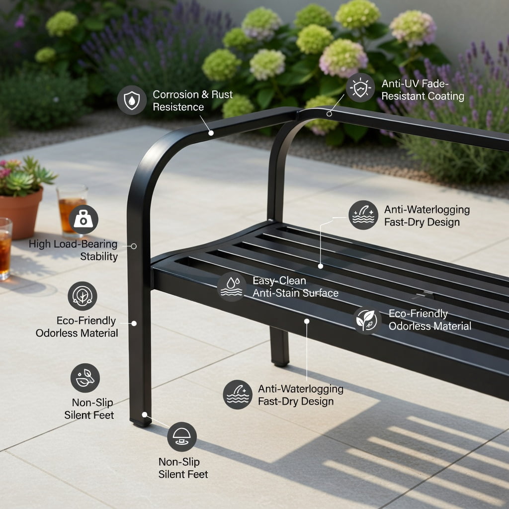 Hommoo Heavy-Duty Outdoor Bench Deck with Powder-Coated Steel Frame & PVC Mesh Backrest, Sturdy Patio Seating for Garden, Deck or Yard, Black