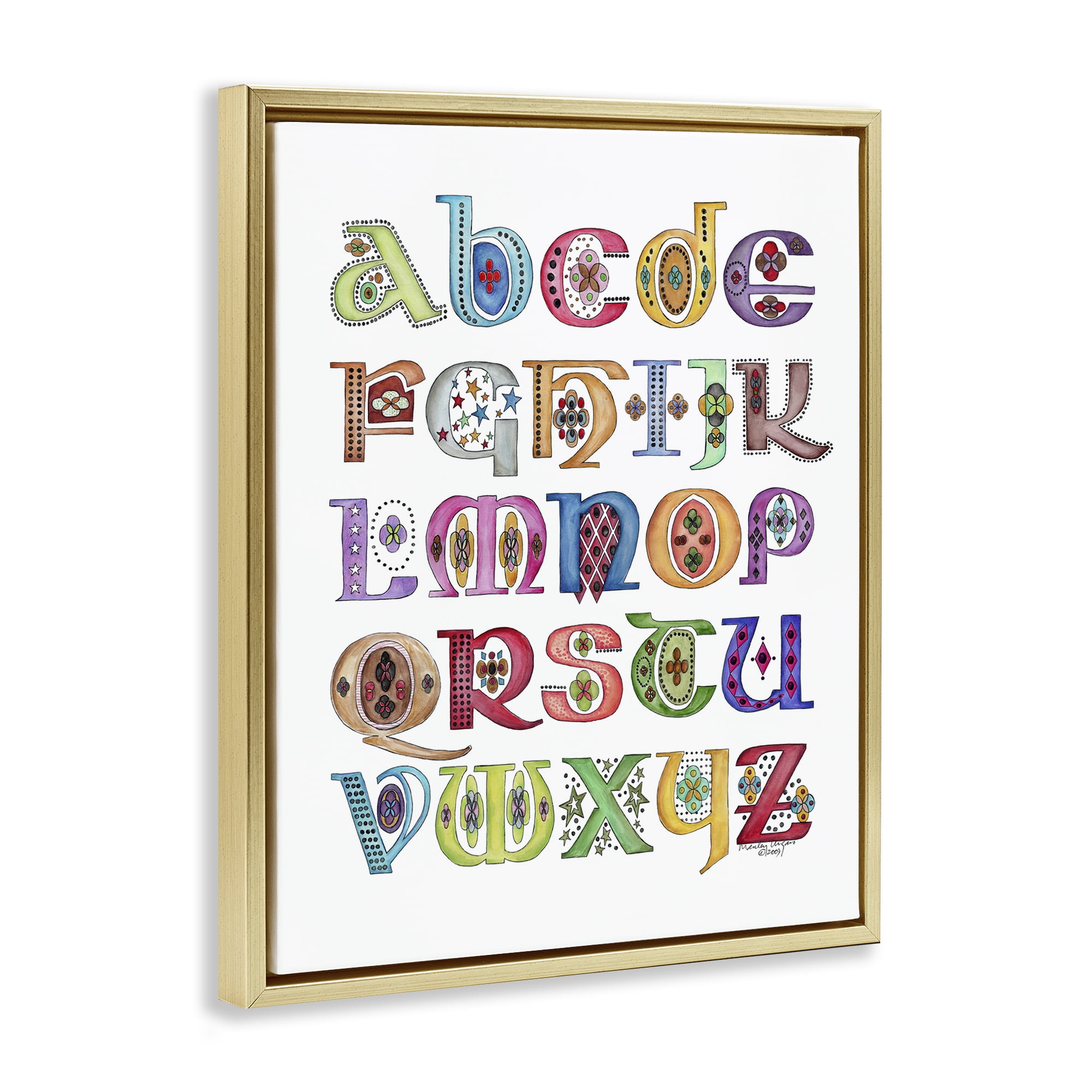 Stupell Industries Boho Whimsical Alphabet Novelty Painting Gold Floater Framed Art Print Wall Art, 17 x 21