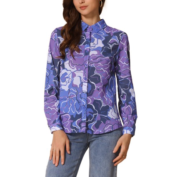 Camisa de mujer de botones INSPIRE CHIC con estampado floral, de manga larga, cuello puntiagudo, top de oficina, color púrpura