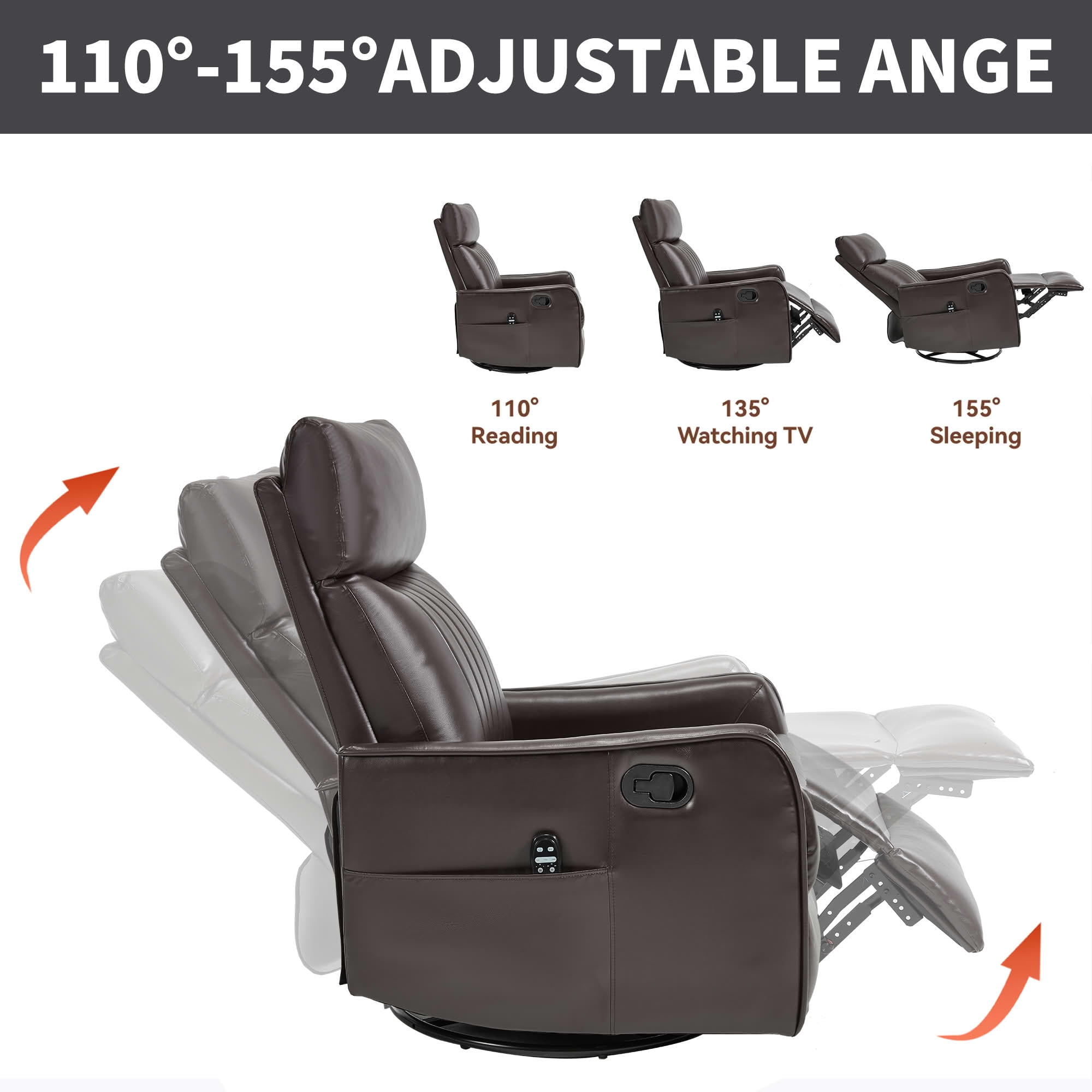 MAYEERTY 360° Swivel Rocker 155° Recline Faux Leather Heat Massage Recliner Chair for Living Room, Black