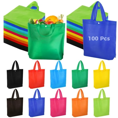 100 Pcs Non-woven Tote Bags, Reusable Grocery Bags Bulk, Large Shopping Bags with Handles & Buttons, Washable & Foldable Present Bags for Parties, Camping, Retail, 10 Colors