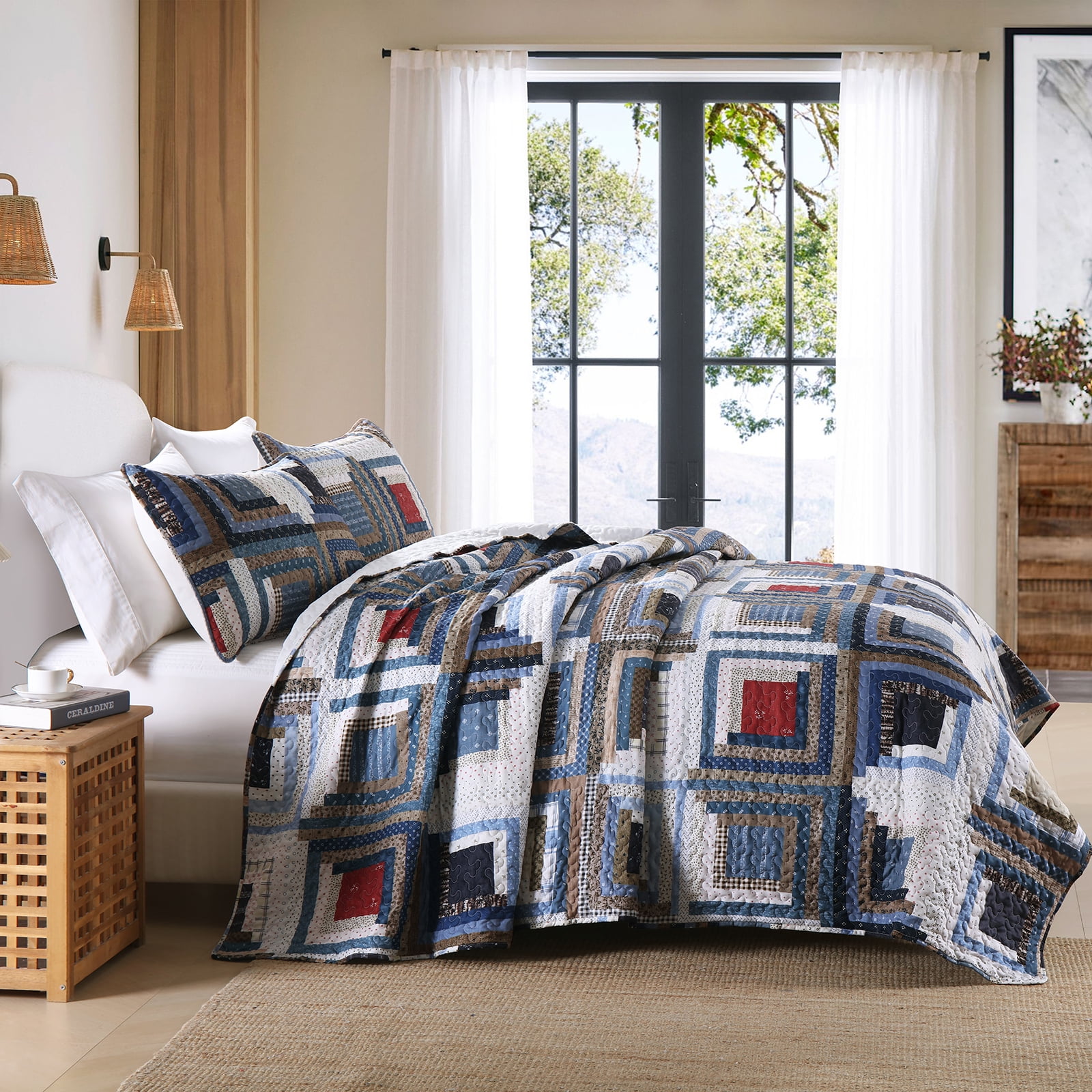 Queen Size Quilt Set, Greagle 3-Piece Soft Warm Lightweight Queen Size Summer Quilt Bedspread Machine Washable Bedding Set with 2-Piece Pillow Shams, 90x90 inch Plaid Print
