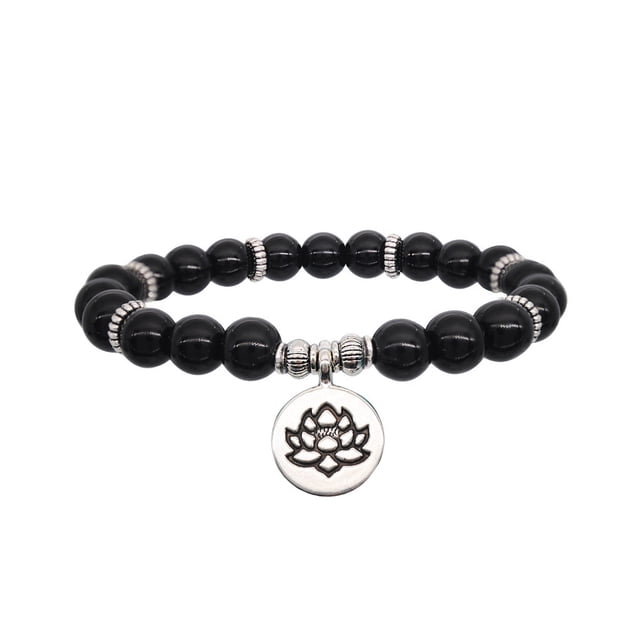 Minnieouse elástica con cuentas, dije de piedra de color, colgante de flor de loto, de cadena, joyería, brazalete de amatista, meditación Ropa, zapatos y accesorios Miscelánea Piedra negra Minnieouse AP015034-02
