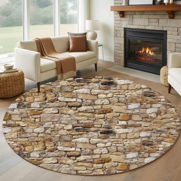 Brown Beige Stones Round Area Rug 5Ft Washable Circle Rugs for Living Room Bedroom, Farmhouse Stones Modern Art Non-Slip Carpet Floor Mats Indoor Outdoor Carpet Runner Aesthetic Home Decor