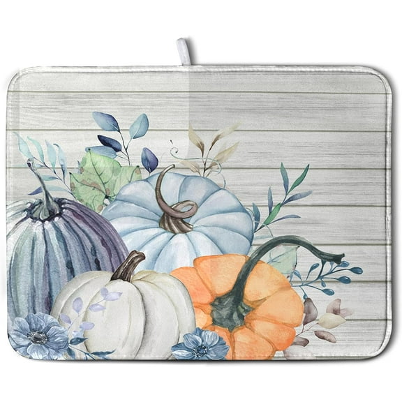 Fall Blue Orange Grey Pumpkin Kitchen Dish Drying Mat for Kitchen Counter 16x18 Inch Autumn Teal Flowers Drying Mat Thanksgiving Harvest Dish Drainer Mat Super Absorbent Dish Rack Pad for Coffee Bar