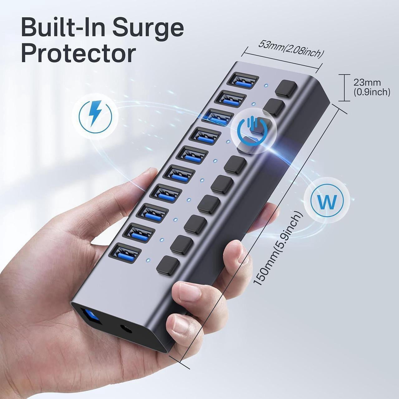 Powered USB Hub,10 Ports USB 3.1 Hub with 10Gbps Data Speed, Individual On/Off Switches, 12V4A 48W Power Adapter, USB Hub 3.1 Powered for MacBook, Mac Pro/Mini, Surface Pro Laptop/PC