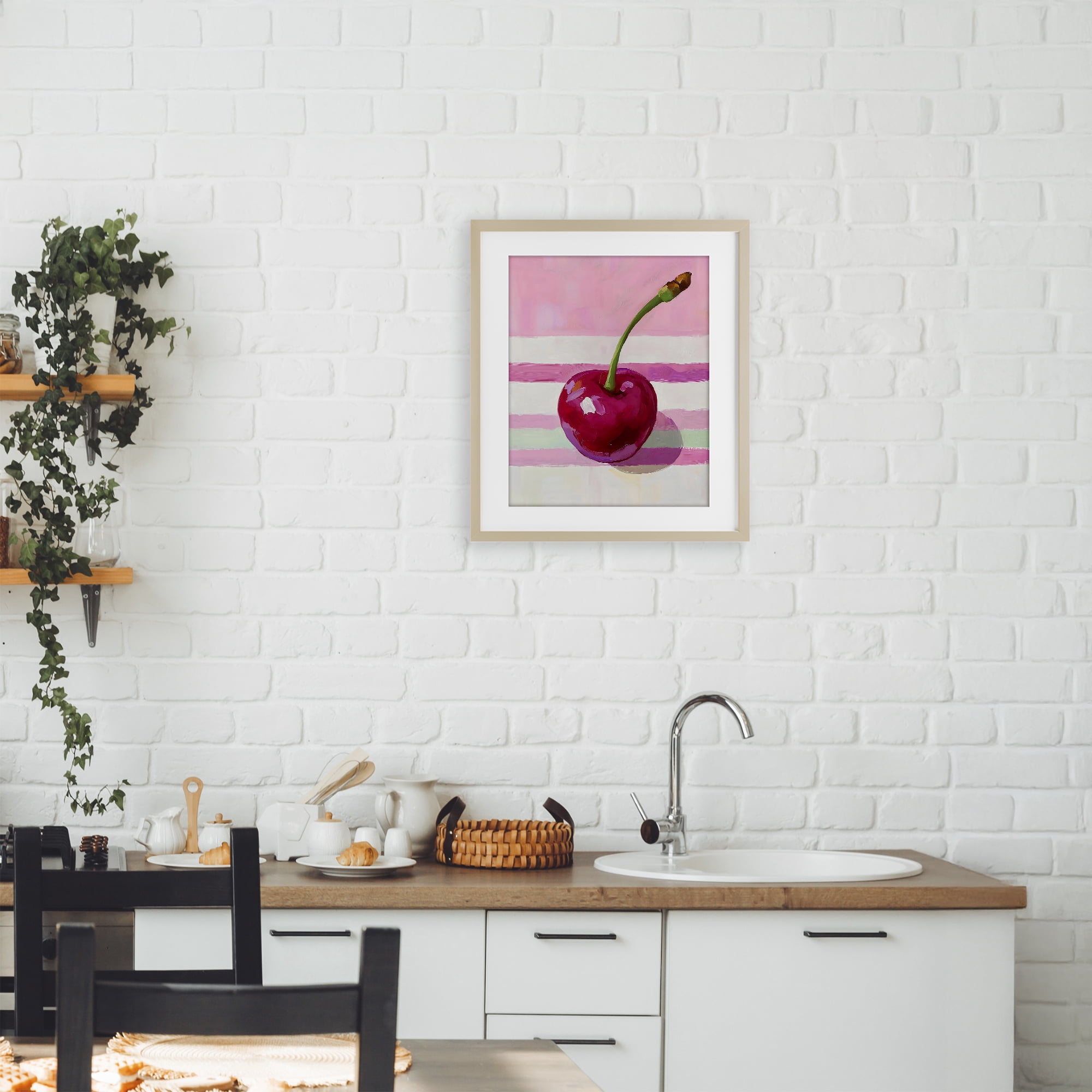 Stupell Industries Cherry on Pink Stripes Birch Framed Print Under Glass, design by The Prints Vibe