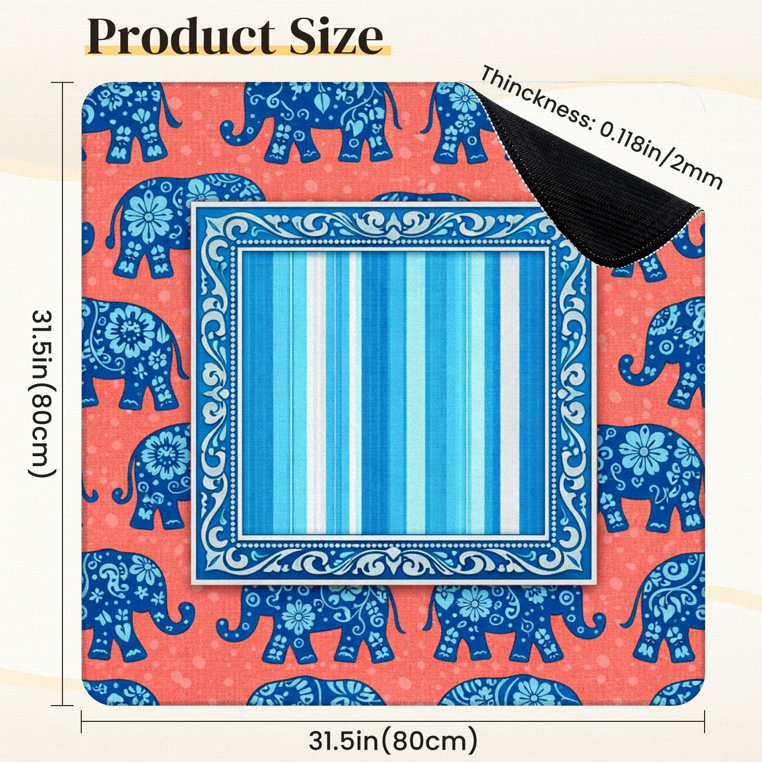 Mahjong Mat 31.5" x 31.5" Blue Floral Elephants Coral Central Blue Striped Frame Non-Slip Noise Reduction Mahjong Tiles Table Cover for Dominoes Poker Card Board and Tile Games