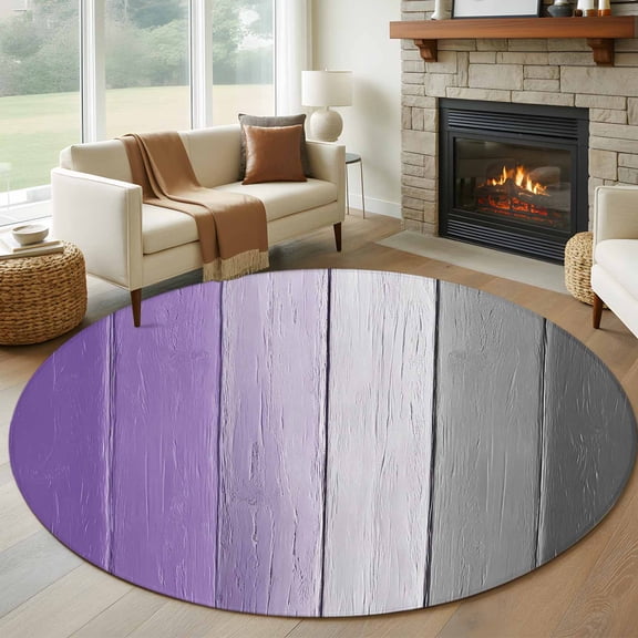 8ft Round Rug, Purple Gray Ombre Non-Skid Rubber Backing Large Area Rugs - Living Room Bedroom Home Office, Vintage Country Wooden Indoor Floor Mat Carpets Washable Rug