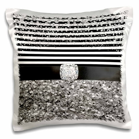 White Silver Stripe - 3dRose Black and White Stripes Digital Diamond, Silver Glitter Design - Pillow Case, 16 by 16-inch