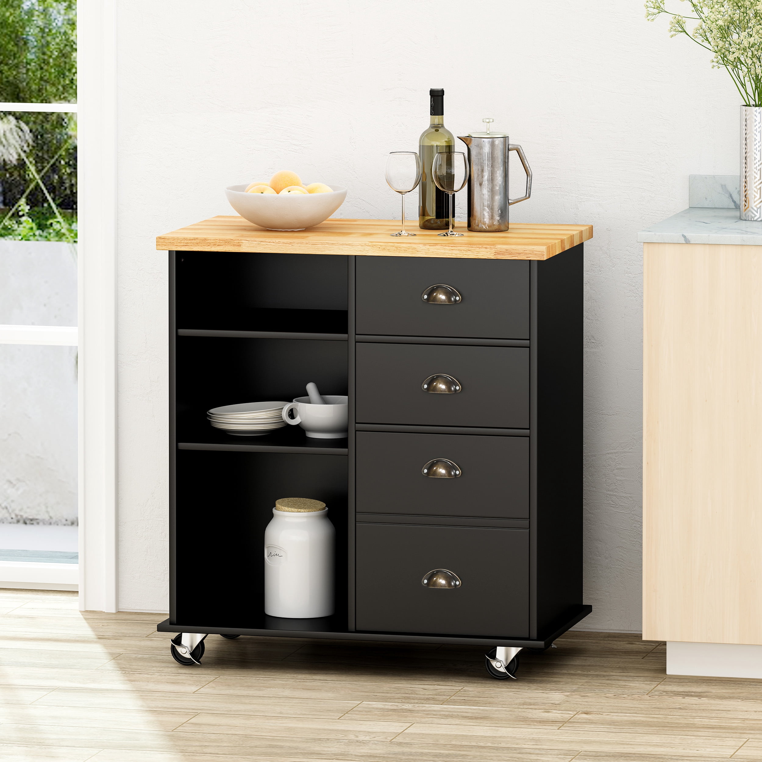 Noble House Ratzy Rubberwood Kitchen Storage Cart, Black, Natural