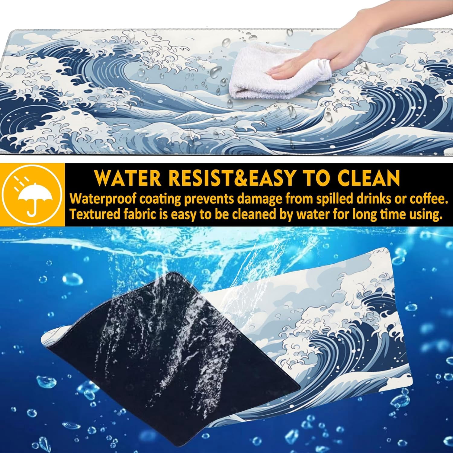 Mountain Gaming Mouse Pad,Japanese Blue and White Sea Wave Desk Mat,31.5"X15.7" Large Desk Pad with Stitched Edge Non-Slip Base Keyboard Big Mouse Pad for Office Home Work Gaming