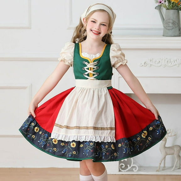 Delliss Girl's Lace Short Sleeve Beer Festival Dress Countryside Style Dress 4-12 Years