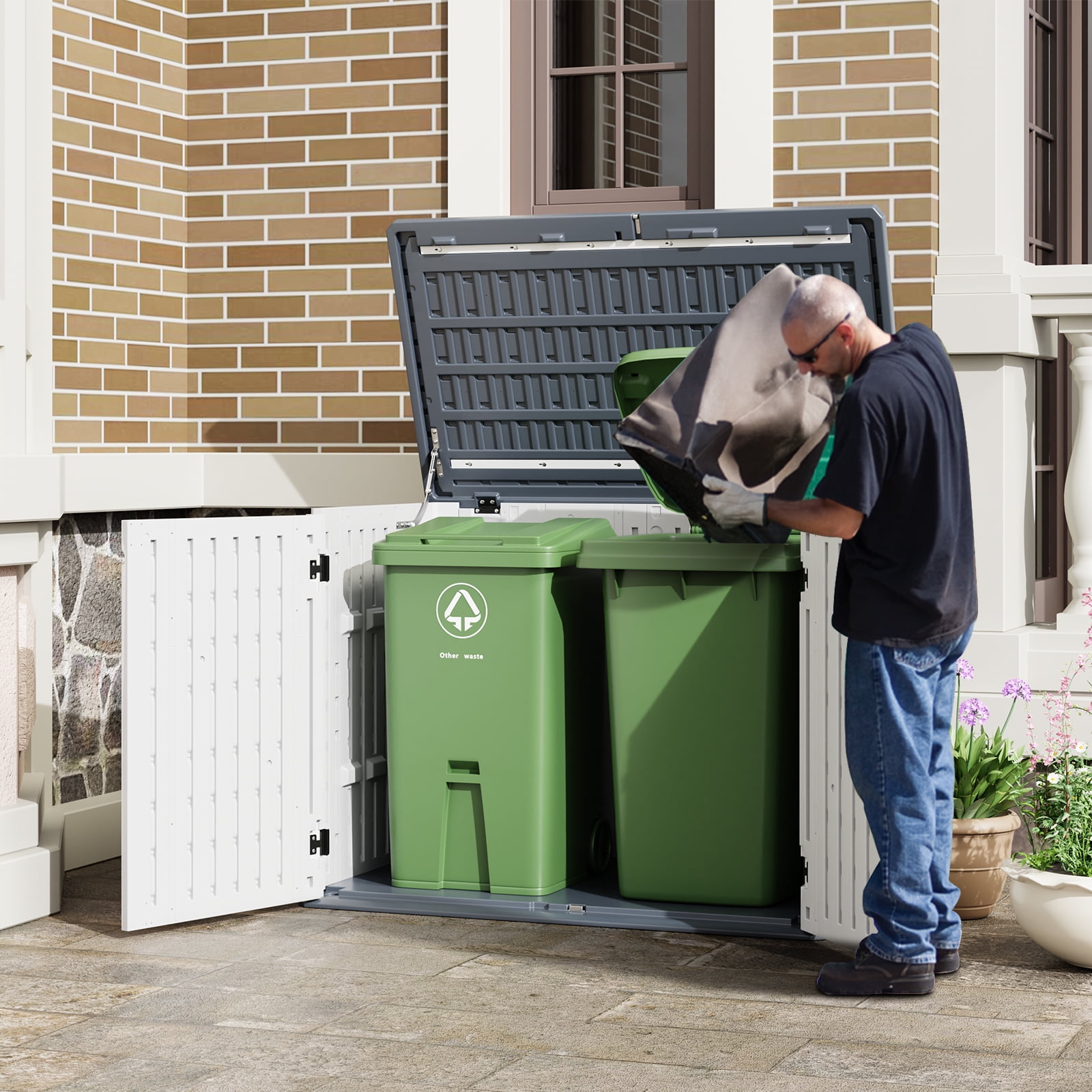 Outdoor Resin Storage Shed, 35 Cu.Ft Trash Can Storage Box with Lockable Door, Horizontal Outdoor Storage Cabinet for Garbage Cans, Garden Tools