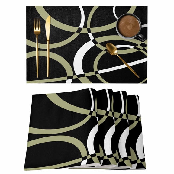 Black Geometric Placemats Set of 4, Modern Sage Green White Striped Art Placemats for Dining Table, Place Mats for Kitchen Tabletop, Waterproof Wipeable Dining Table Mats Set