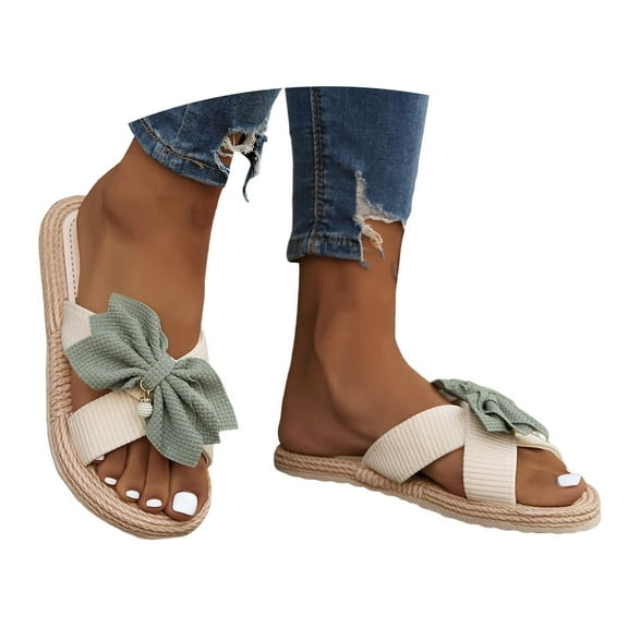 Mepaouo Women's Summer Flat Sandals Bow Cross Band Beach Linen Slippers Non Slip Casual Slides Shoes