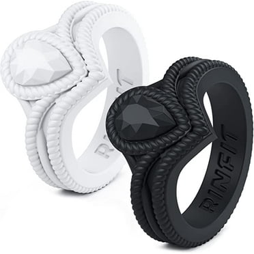 Silicone Rings For Women - Metal-Framed With 2 Stackable Rings - Silicone Diamond Rings Wedding Bands Women, Black Metal Light Rose Gold / 4