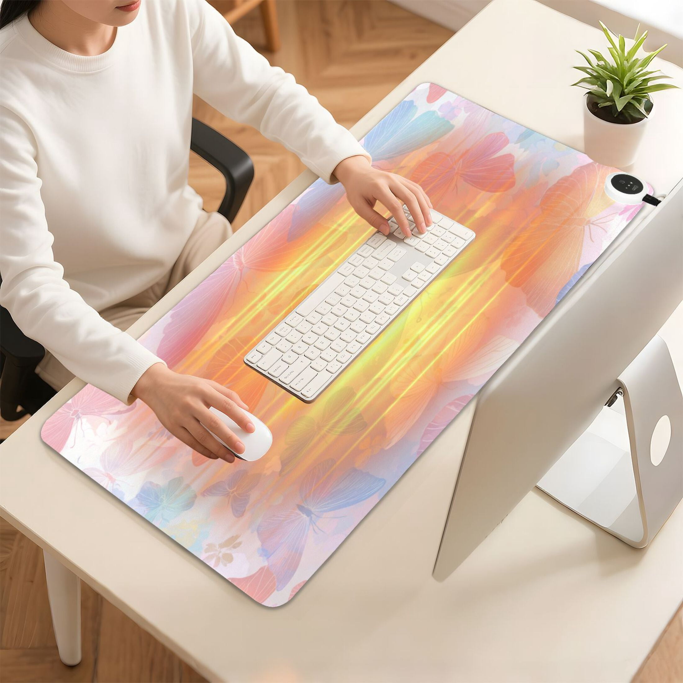 Large Heated Desk Mat Mouse Pad 31.5"x13"PU Leather Graphene Heating Desk Warmer with 3 Temperature Settings 110V US Plug Non-Slip Warm Pad for Home, Office, and Gaming Rainbow Pastel Butterfly Dance