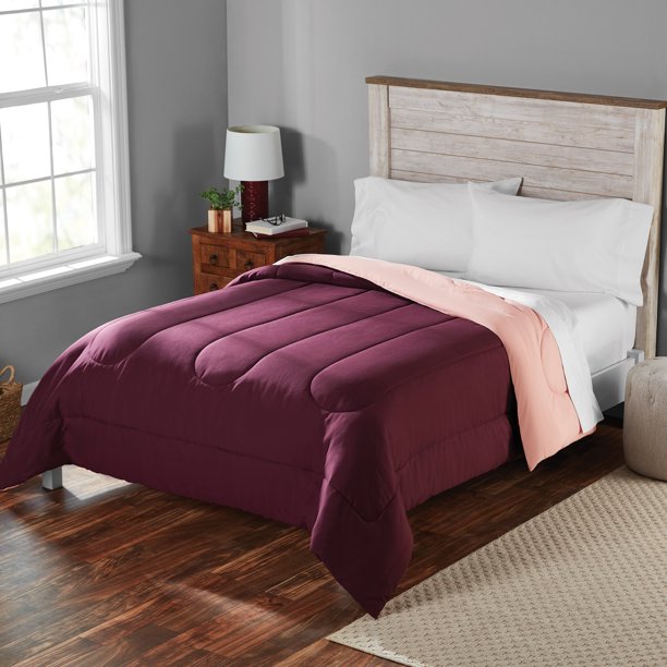 Mainstays Solid Brushed Microfiber Reversible Comforter, Burgundy/Pink