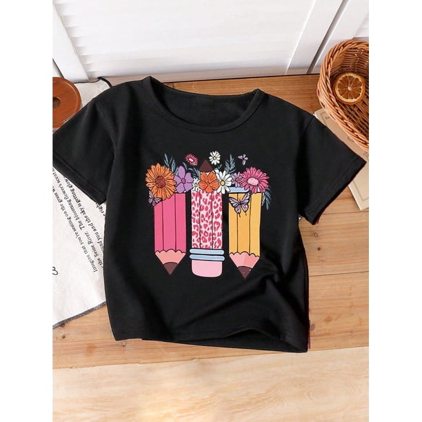 Tween Girls' Cartoon Print Short Sleeve Top And Cargo Casual Short Sleeve Crew Neck T-Shirt, Machine Washable | School-Themed Casual Clothing | Vibrant Design | Stretchable Knit Fabric