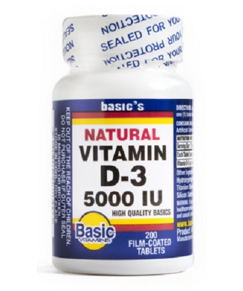 Basic Vitamins Film Coated Vitamin D3 Tablets, 5000 IU, 200 Count