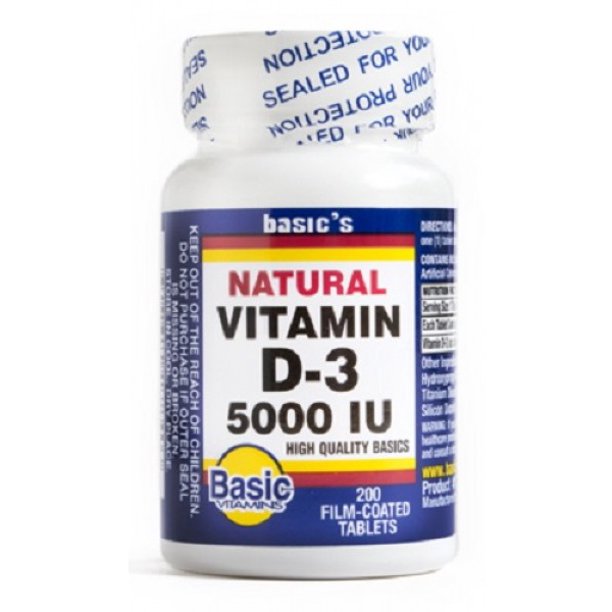 Basic Vitamins Film Coated Vitamin D3 Tablets, 5000 IU, 200 Count