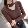 thumbnail image 3 of Suéter de mujer 2024 nueva moda hueco manga larga tejido estilo coreano camisa delgada Casual Stretch Top para mujer marrón, 3 of 4