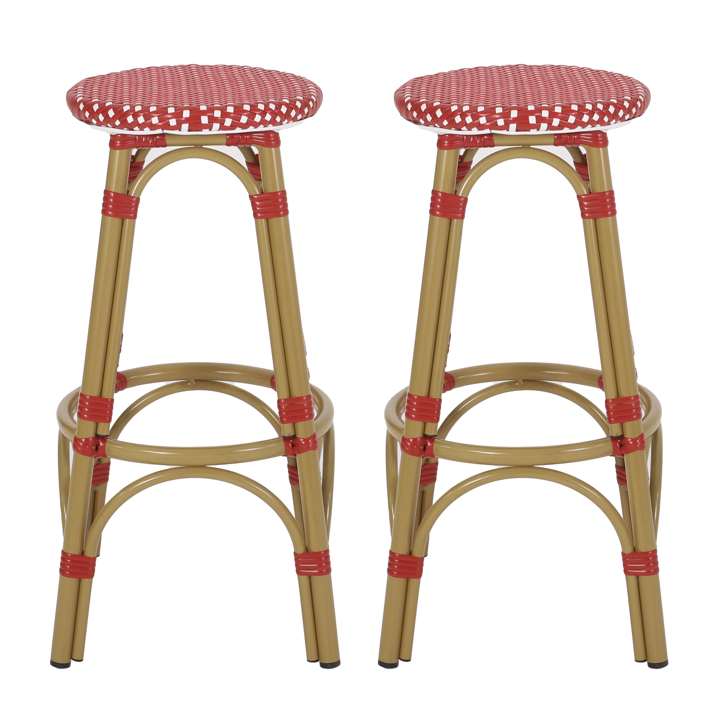 Wilbur Aluminum and Wicker Outdoor 29.5 Inch Barstools, Set of 2, Red, White, and Bamboo Finish