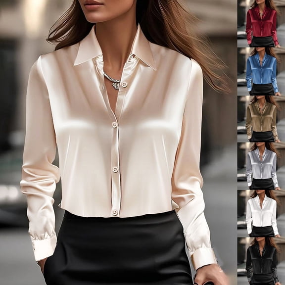 Womens Satin Button Down Shirt Long Sleeve Blouse Elegant Soft Comfort Top