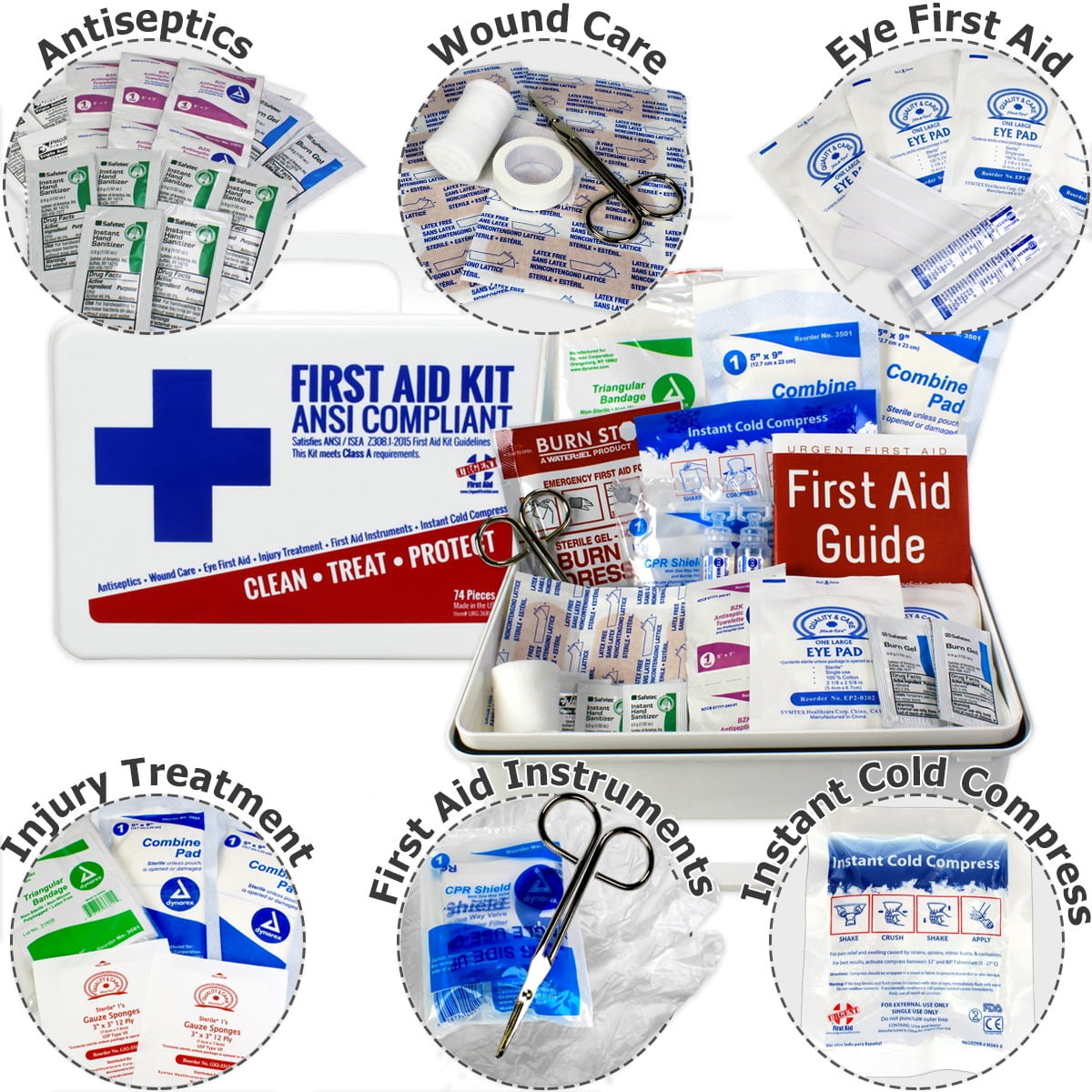 OSHA & ANSI First Aid Kit, 25 Person, 74 Pieces, ANSI 2015 Class A/Types I & II, Made in USA