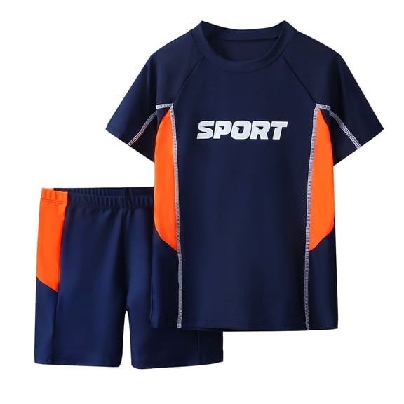 ibiyuan Baby Boy Swimsuit One Piece Boys' Sporty Two Piece Swim Set | Short Sleeve Rash Guard & Swim Trunks With Letter Print,10-11 Years