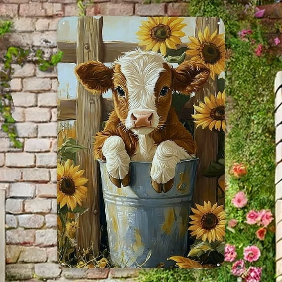 Charming Highland Cow & Sunflower Metal Sign - Rustic Vintage Wall Art Decor, 8x12 Inch - Perfect for Home & Bar, Frameless Design, Cow Decor