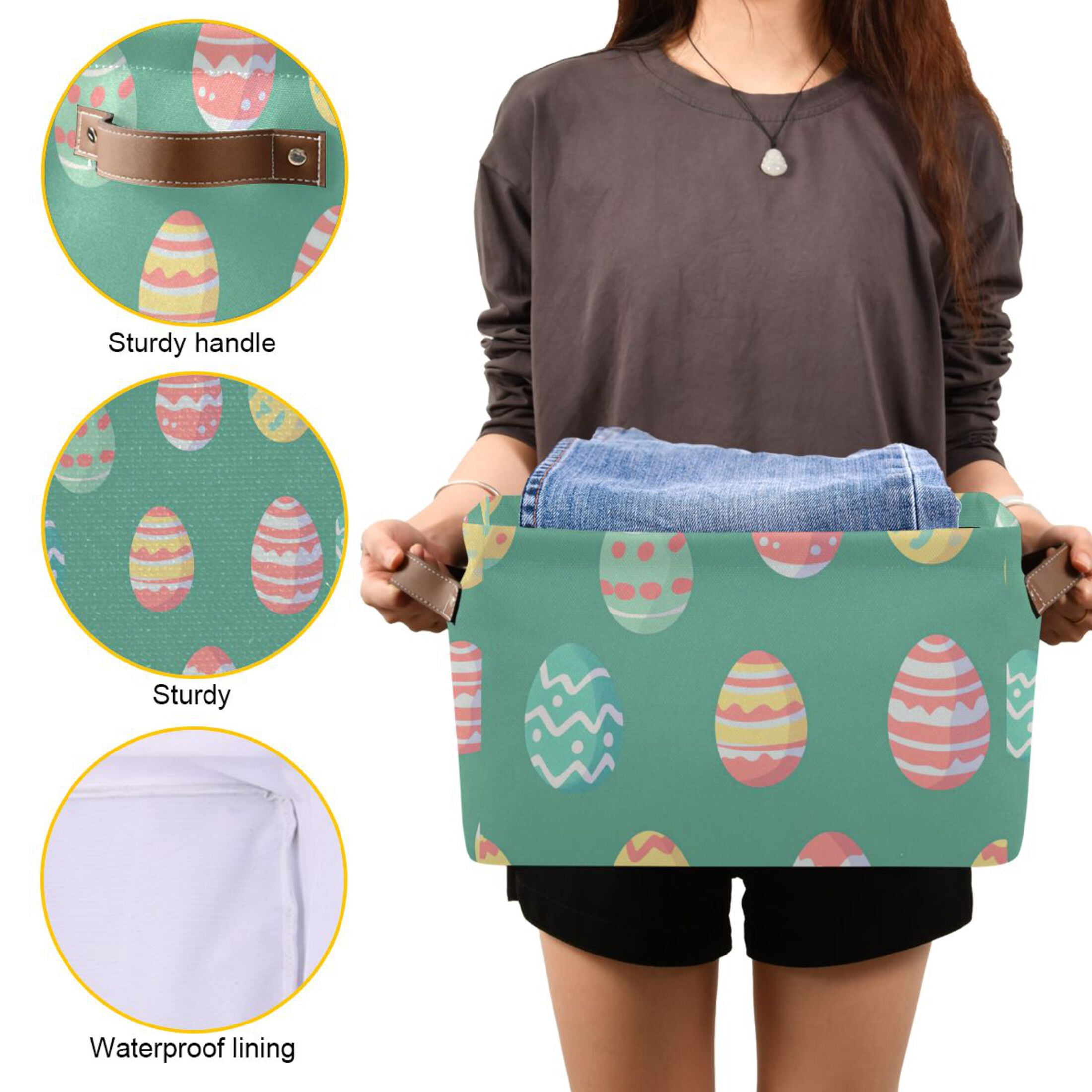 WOBOGO A Pattern Of Colorful Easter Eggs Square Storage Basket with Waterproof Canvas and PE Lining Durable PU Leather Handles 14.2×10.2×8.3in