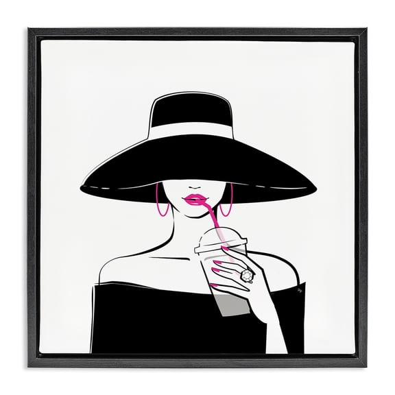 Stupell Industries Modern Chic Black Hat Sipping Coffee Black Floating Frame Canvas Art, 18 x 18, by Martina Pavlova