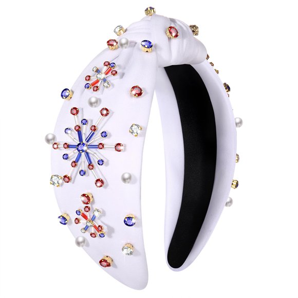 ZOLEAROPY Diadema anudada del 4 de julio Celebración de la bandera estadounidense Fuegos artificiales Diadema con nudo Perla Rhinestone Joya Banda ancha para la cabeza patriótica Diadema del Día de la