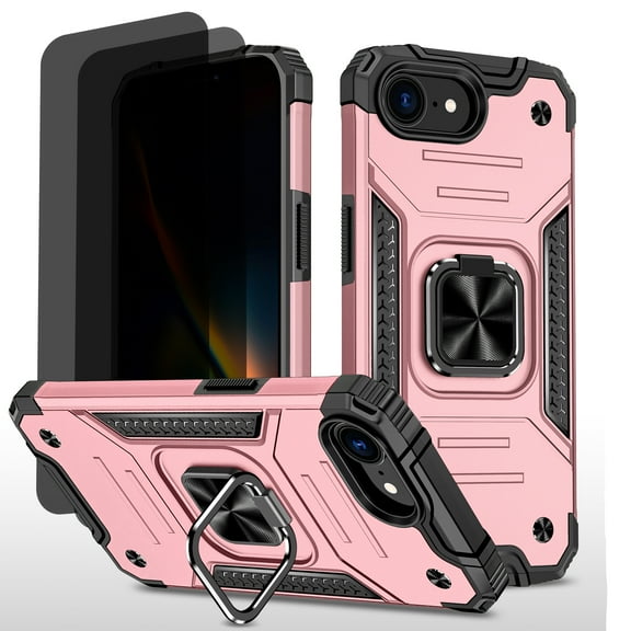 Hotpom for iPhone 16E/ iPhone SE4 Case with 2 Pack Privacy Screen Protector Military Rugged Durable Grade Drop Protection with 360° Rotating Stand, Pink
