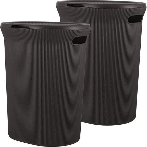 Superio 40L Elegant Ribbed Plastic Laundry Hamper with Lid - Brown (2 Pack)