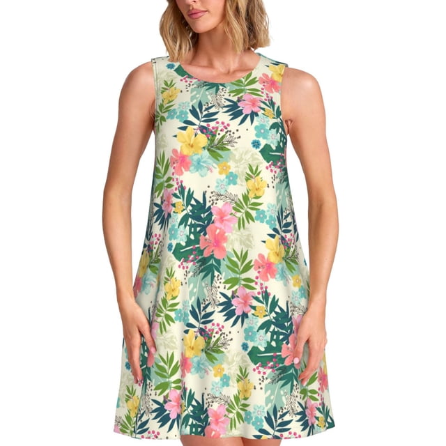 Balery Tropical Flowers Vestidos de verano para mujer con estampado: vestido holgado sin mangas, vestido playero informal y cómodo para días calurosos.
