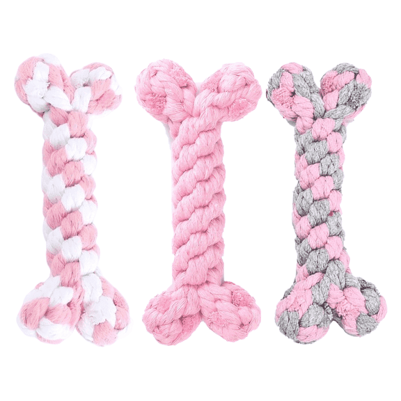 Handmade Dog Rope Toys Set with Bone-Shaped Chew Toy, Durable Cotton Rope Toys for Teething, Training, and Interactive Play, Pink Tones, 6 Inch Length (Pink, Pink-White, Pink-Gray-Piece 3 Set)