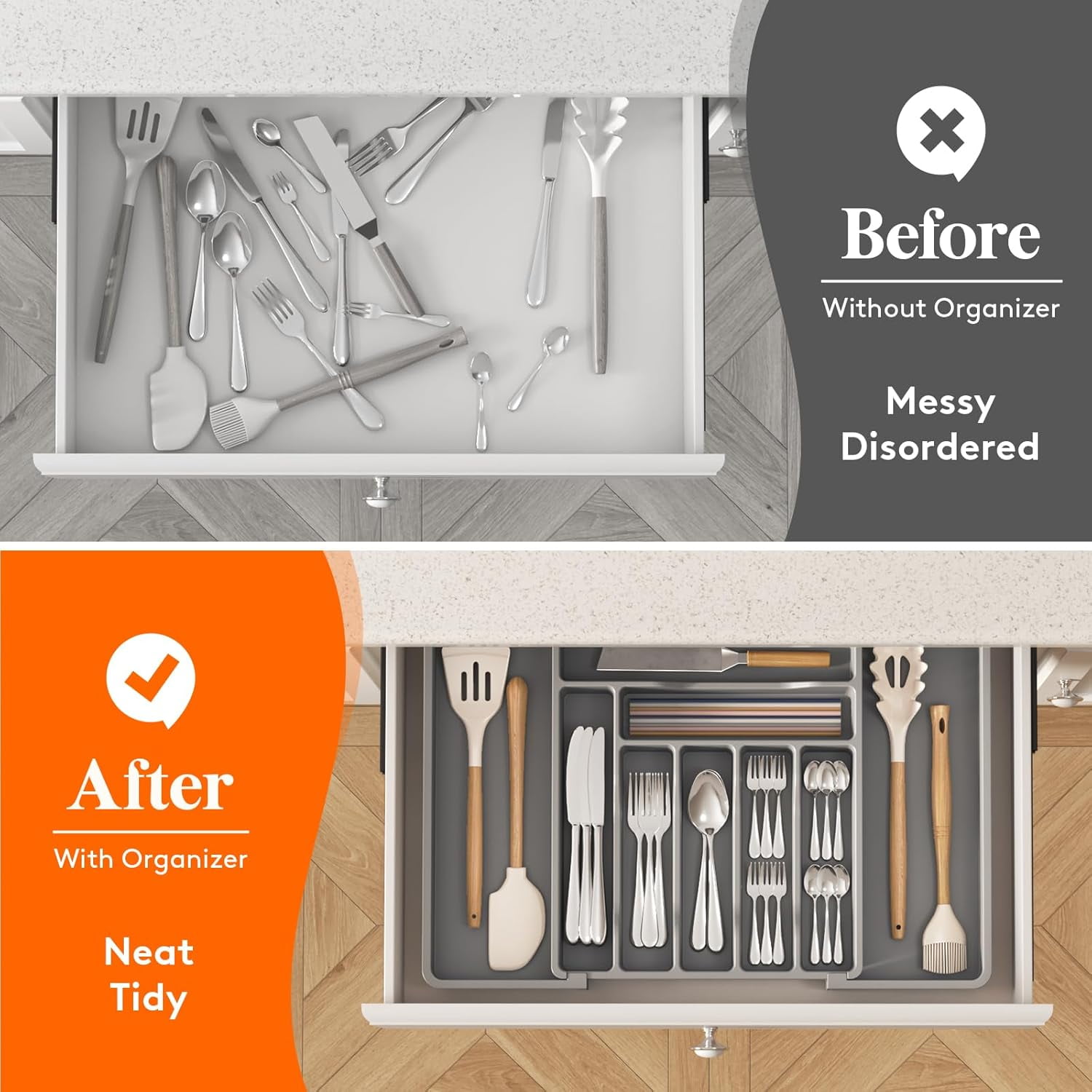 Expandable Utensil Organizer ,Silverware Drawer Organizer for Kitchen Drawers, Adjustable Cutlery and Flatware Tray, Plastic Spoons Forks Knives Holder Storage Dividers, Large, Gray