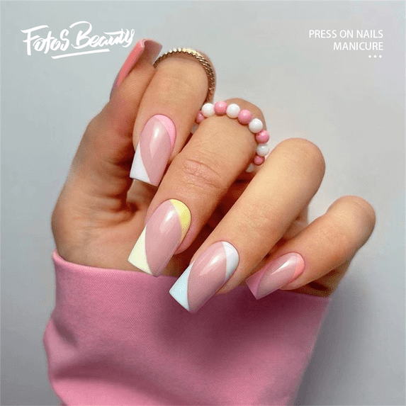 Fofosbeauty 24pcs Press on False Nails Tips, Square Fake Nails,Rainbow Color Beveled Edge
