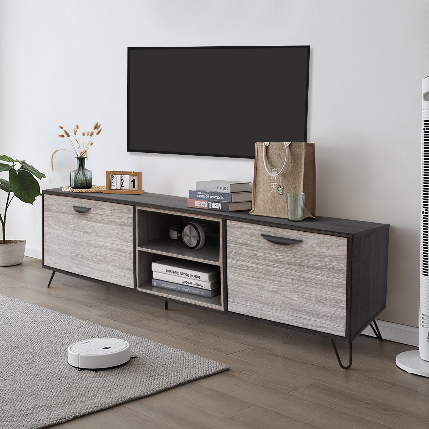 Kadyn Mid Century TV Stand Console, Fiberboard TV Console for TV up to 79 Inch, Modern TV Cabinet with 2 Cabinets & Shelves, Plaid Grey Oak
