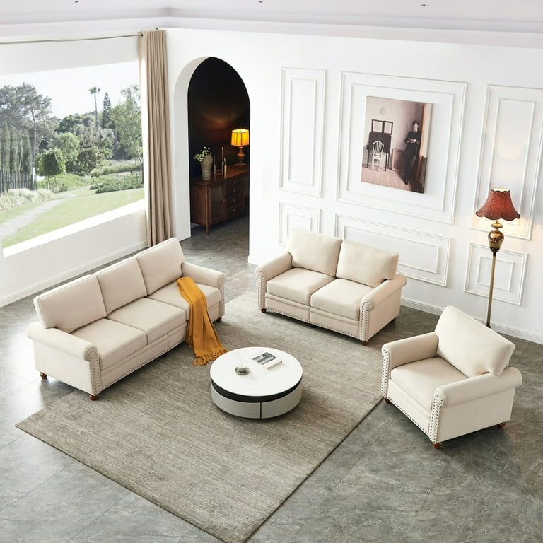 1 2 3 Seater Sectional Sofa Chair with Thick Detachable Cushions and Rolled Arm Linen Upholstered Sofa Couch with Nail Decoration Comfy Accent