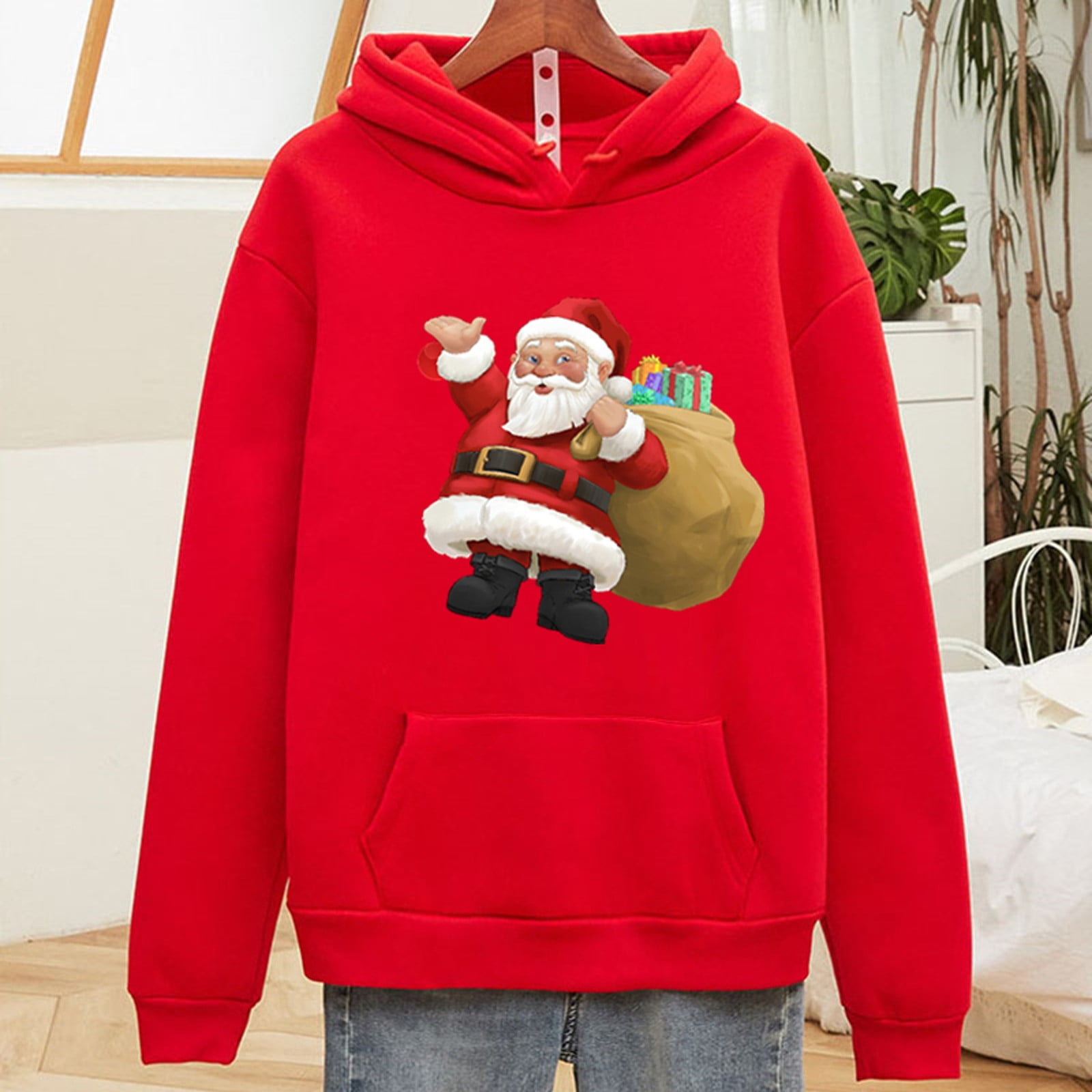 Christmas Hoodie Women Santa Claus Print Top Sweatshirt Long Sleeve Blouse,Hoodie for Women,Womens Hoodie lightweight,Hoodie, Women's, Size: XL, Red