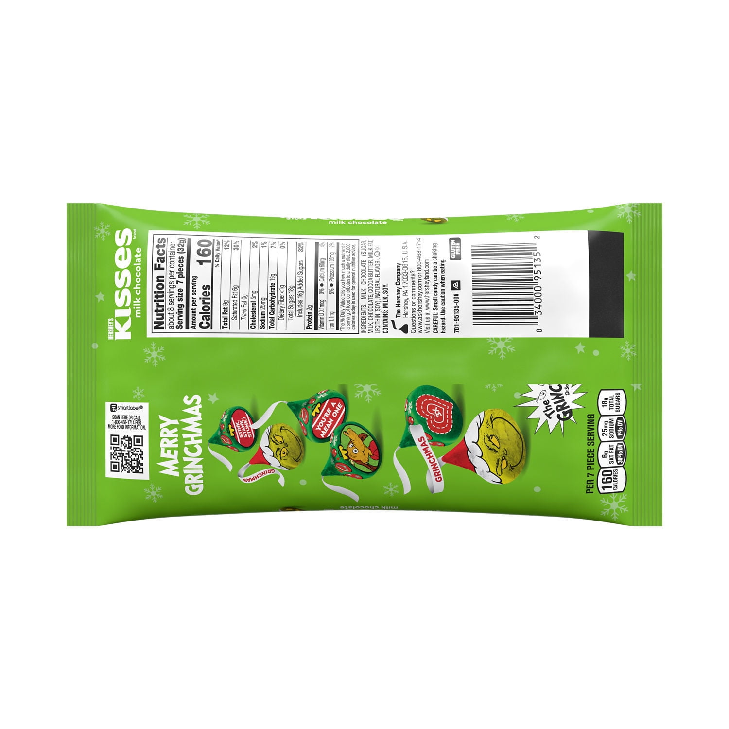Hershey's Kisses Grinch Milk Chocolate Christmas Candy, Bag 9.5 oz
