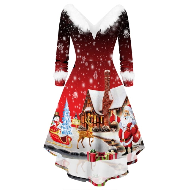 HKEJIAOI Robe pour Femmes Robe à Manches Longues Imprimé de Noël Col en V en Fourrure avec Dos à Tirer Robe Évasée Économies Liquidation Noir