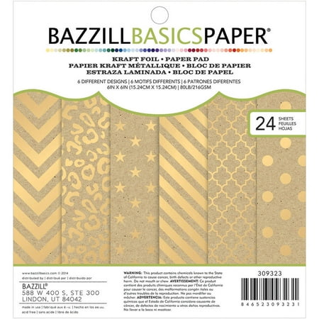 Bazzill Basics Cardstock Pad, 6" x 6", 24pk, Kraft with Gold Foil